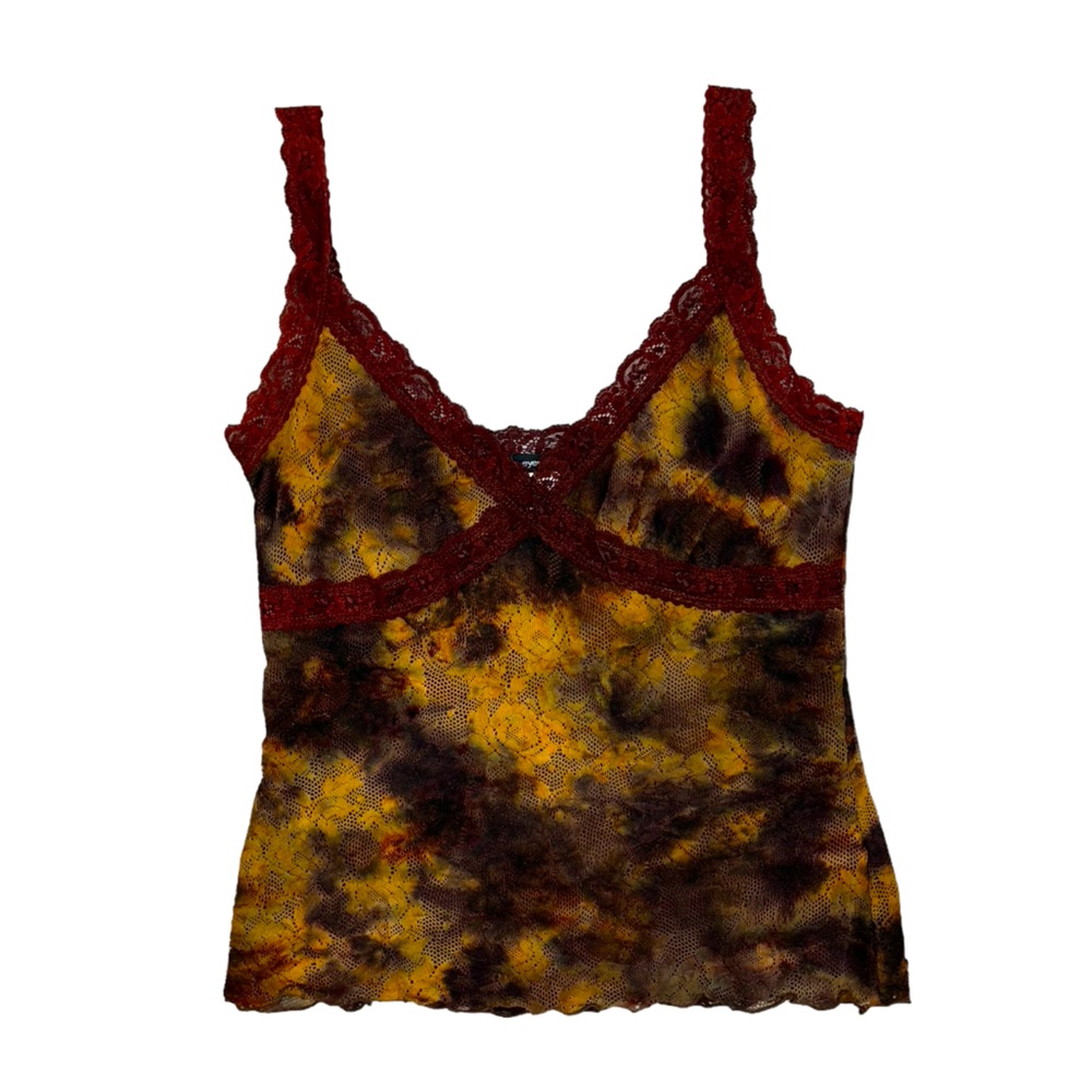 Like New Y2K Eyeshadow Lace Tie Dye Camisole XL Burgundy Brown Yellow